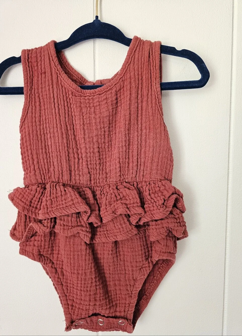 Girls Red Ruffle Muslin One-Piece Romper - Picture 2 of 7